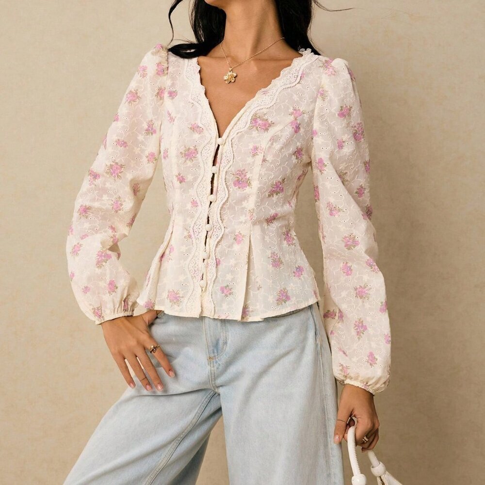 Multicolor Boho Women's Embroidered Button Placket Puff Sleeve Blouse